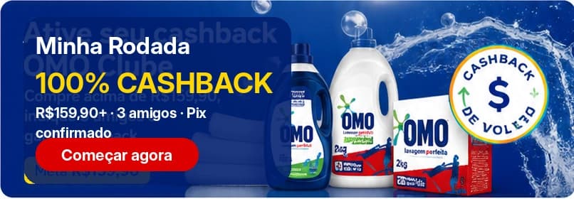 Minha rodada OMO: 100% de cashback com compra elegível, três pedidos indicados e pagamento Pix confirmado