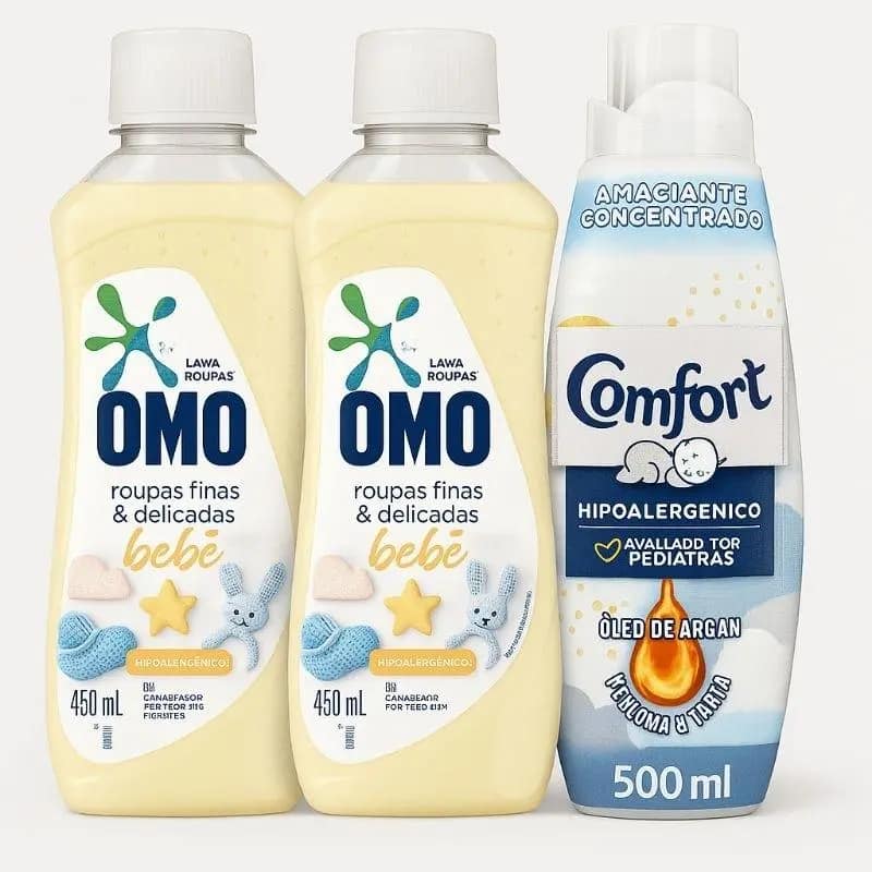 Kit OMO Roupas Finas e Delicadas Bebê + Amaciante Comfort 500 ml – Kit com 3 unidades